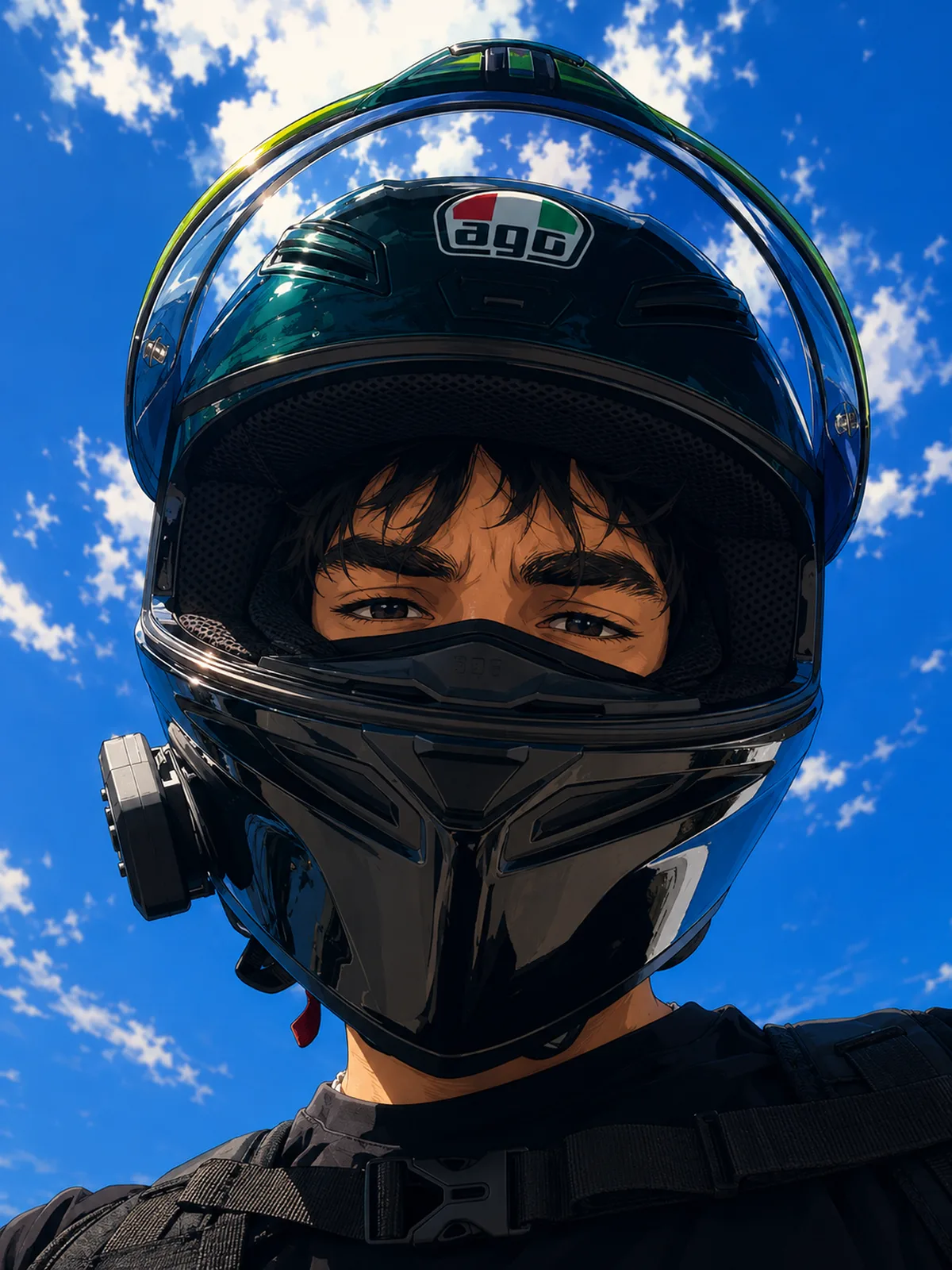 Close portrait of Haru wearing a helmet under a blue sky