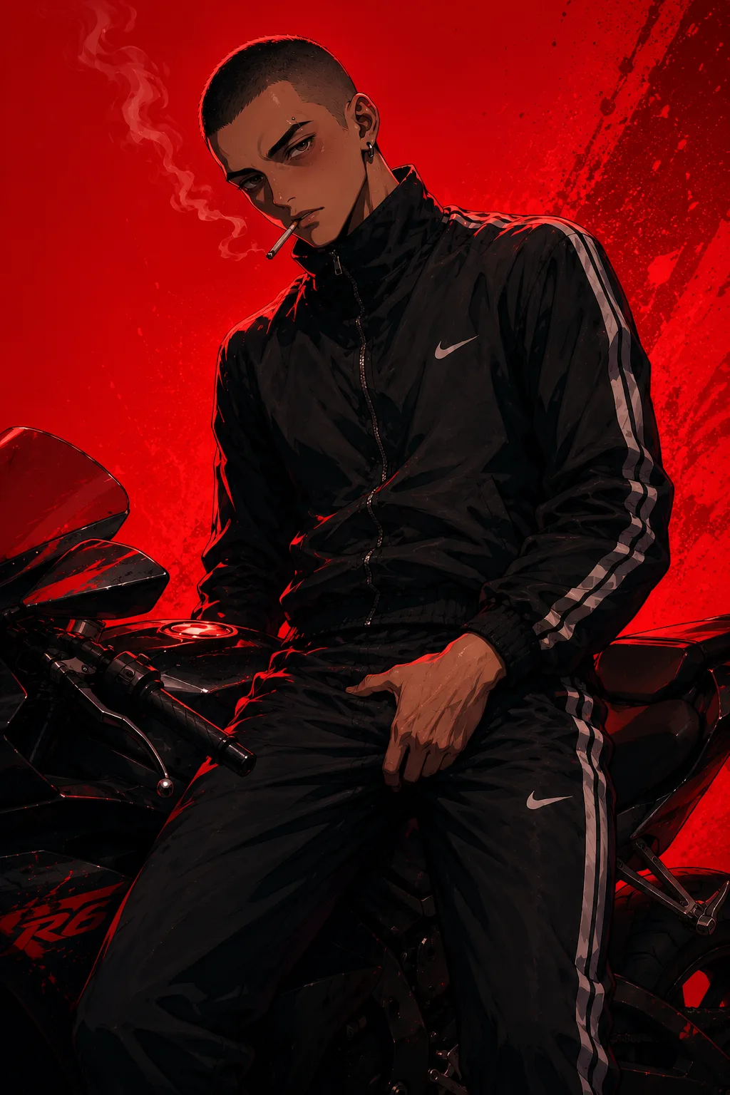 Jason sitting on a motorcycle against red light