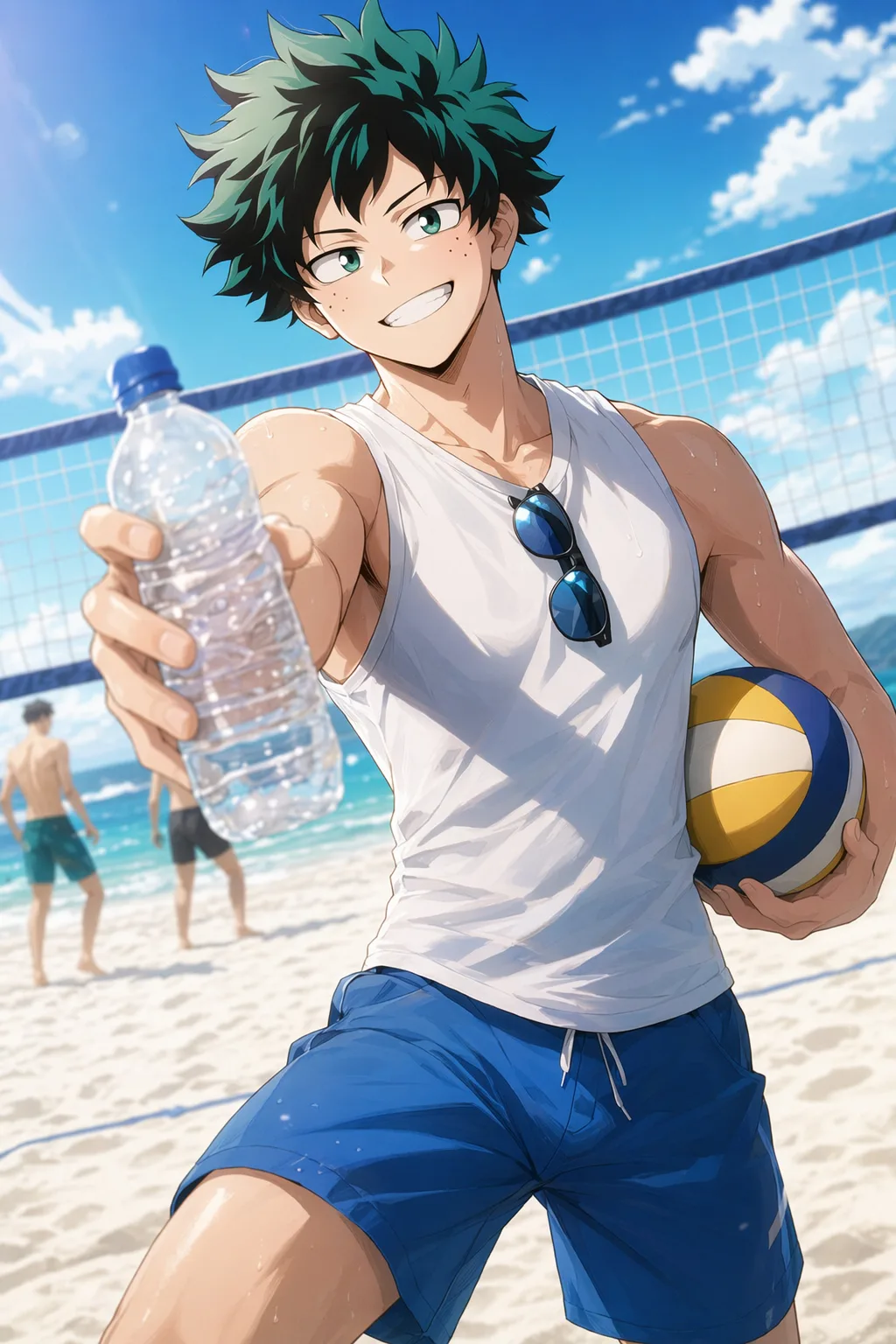 Kiko offering water on a sunny beach volleyball court