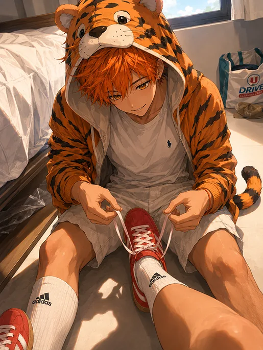 Luca lacing a sneaker in a tiger hoodie