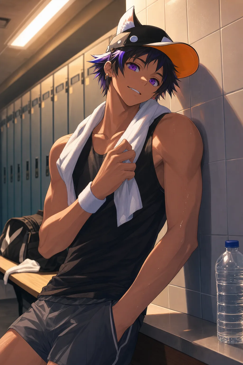 Nikita leaning against lockers after a gym session