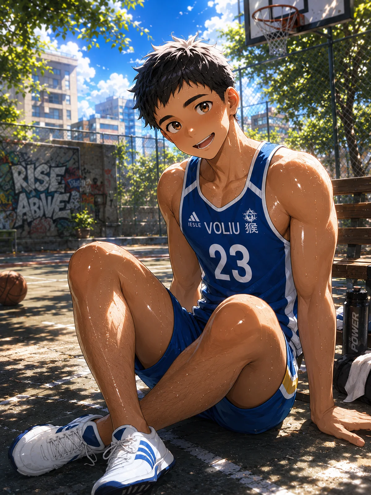 Niko resting after basketball on a bright outdoor court